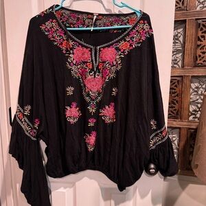 Free People Black and Pink Embellished Bell Sleeve Blouse
